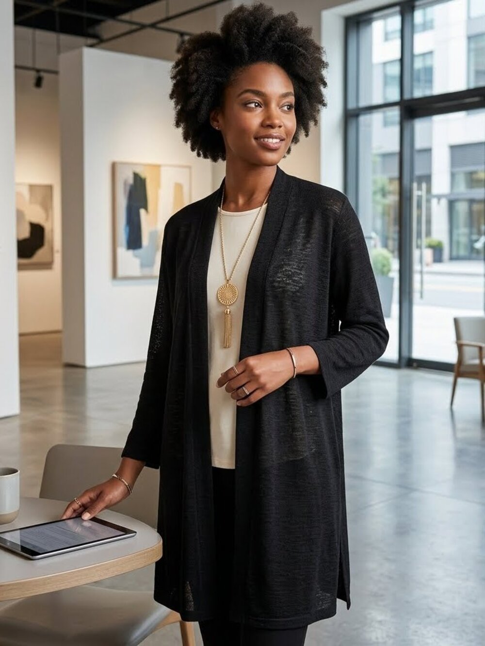 Eileen Fisher Women's Size 2X Black Linen Blend Long Sleeve Open Front Cardigan